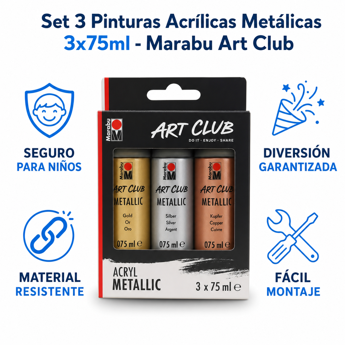 Set 3 Pinturas Acrílicas Metálicas 3x75ml - Marabu Art Club