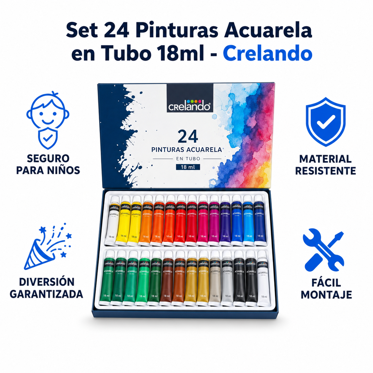 Set 24 Pinturas Acuarela en Tubo 18ml - Crelando