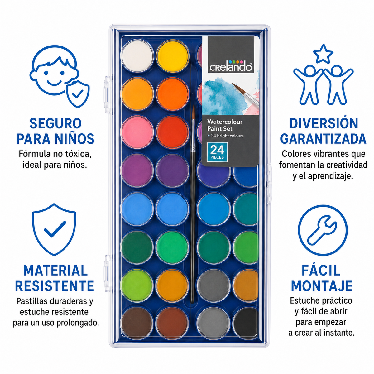 Set Acuarelas Pastilla 24 Colores con Pincel - Crelando