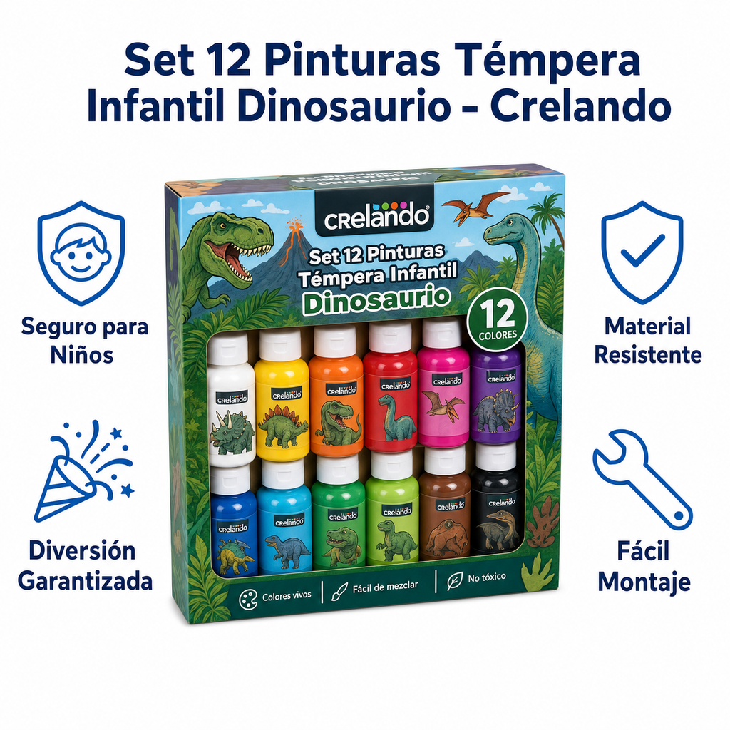 Set 12 Pinturas Témpera Infantil Dinosaurio - Crelando