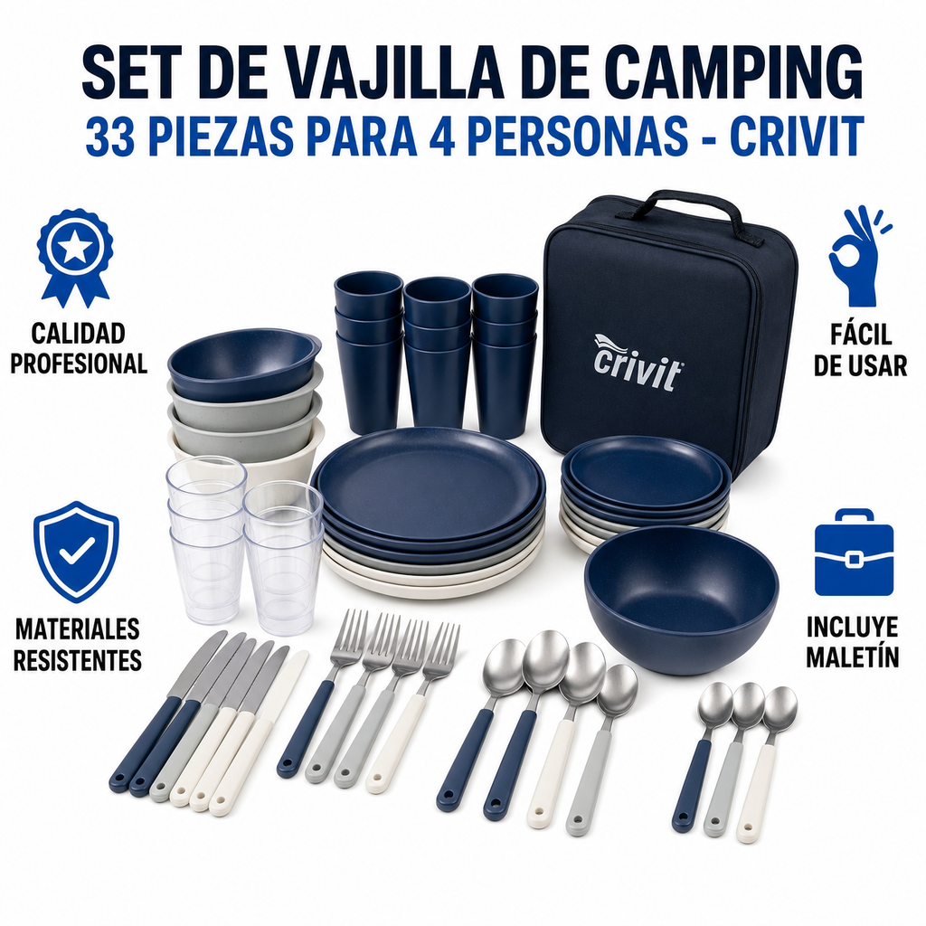 Set de Vajilla de Camping 33 Piezas para 4 Personas - Crivit