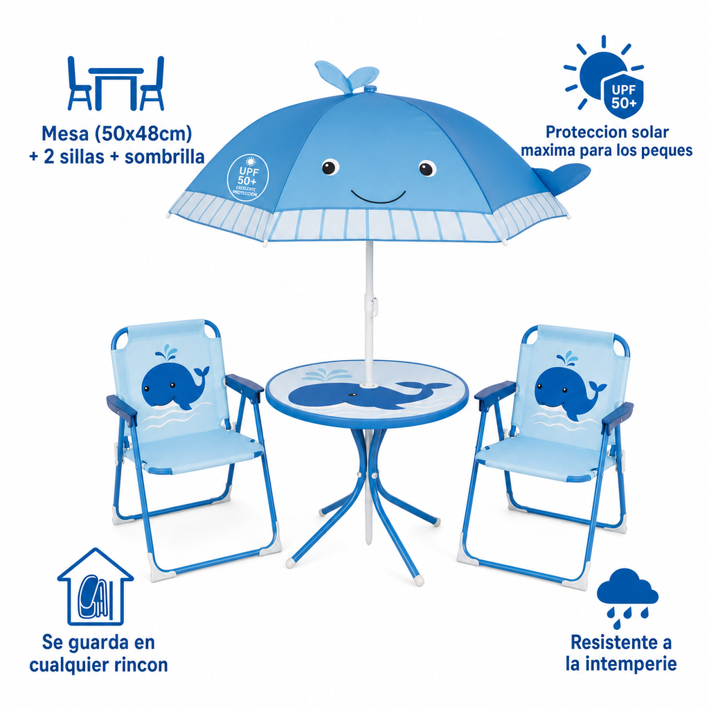 Set Mobiliario Infantil Livarno Home - Mesa + 2 Sillas + Sombrilla Ballena UPF 50+