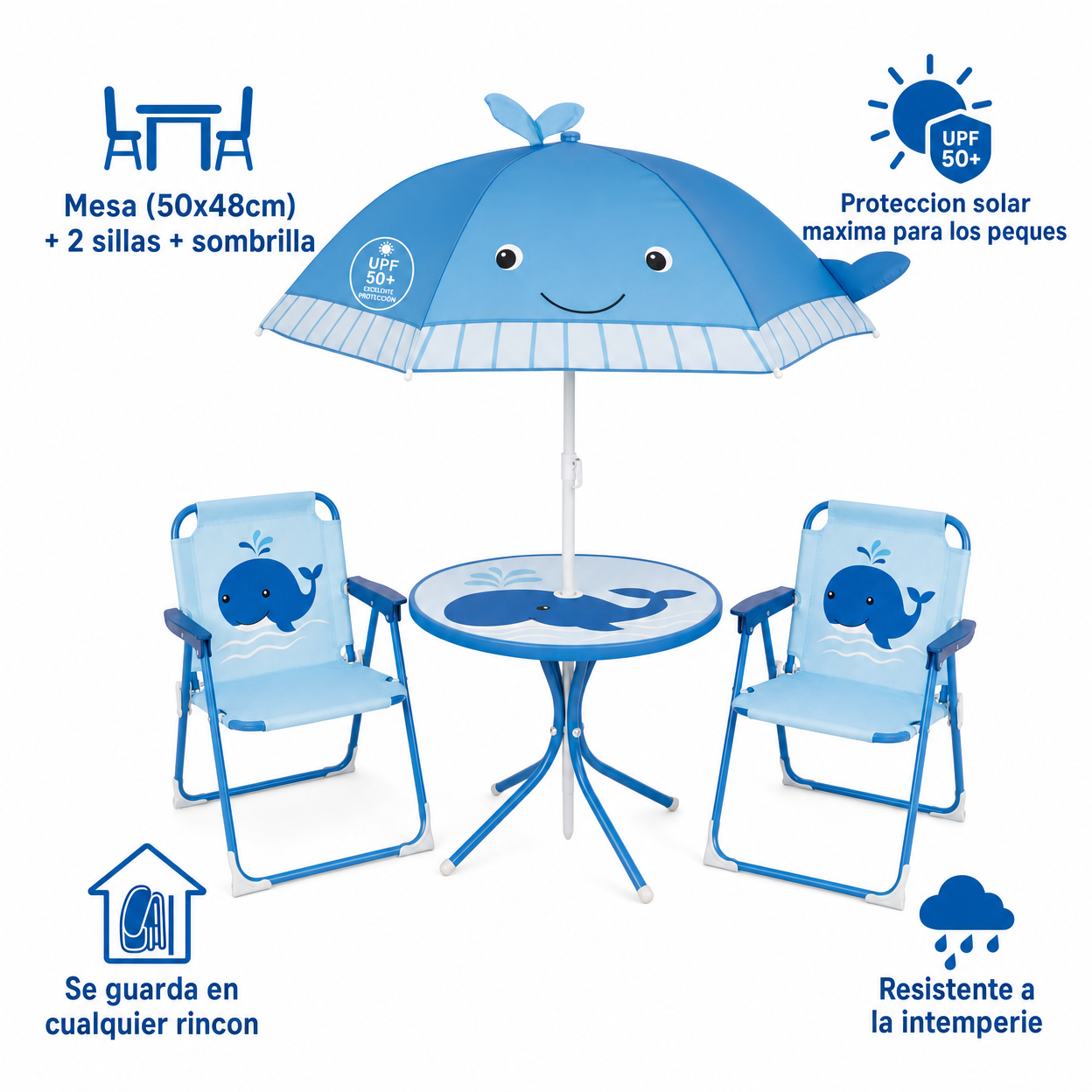 Set Mobiliario Infantil Livarno Home - Mesa + 2 Sillas + Sombrilla Ballena UPF 50+