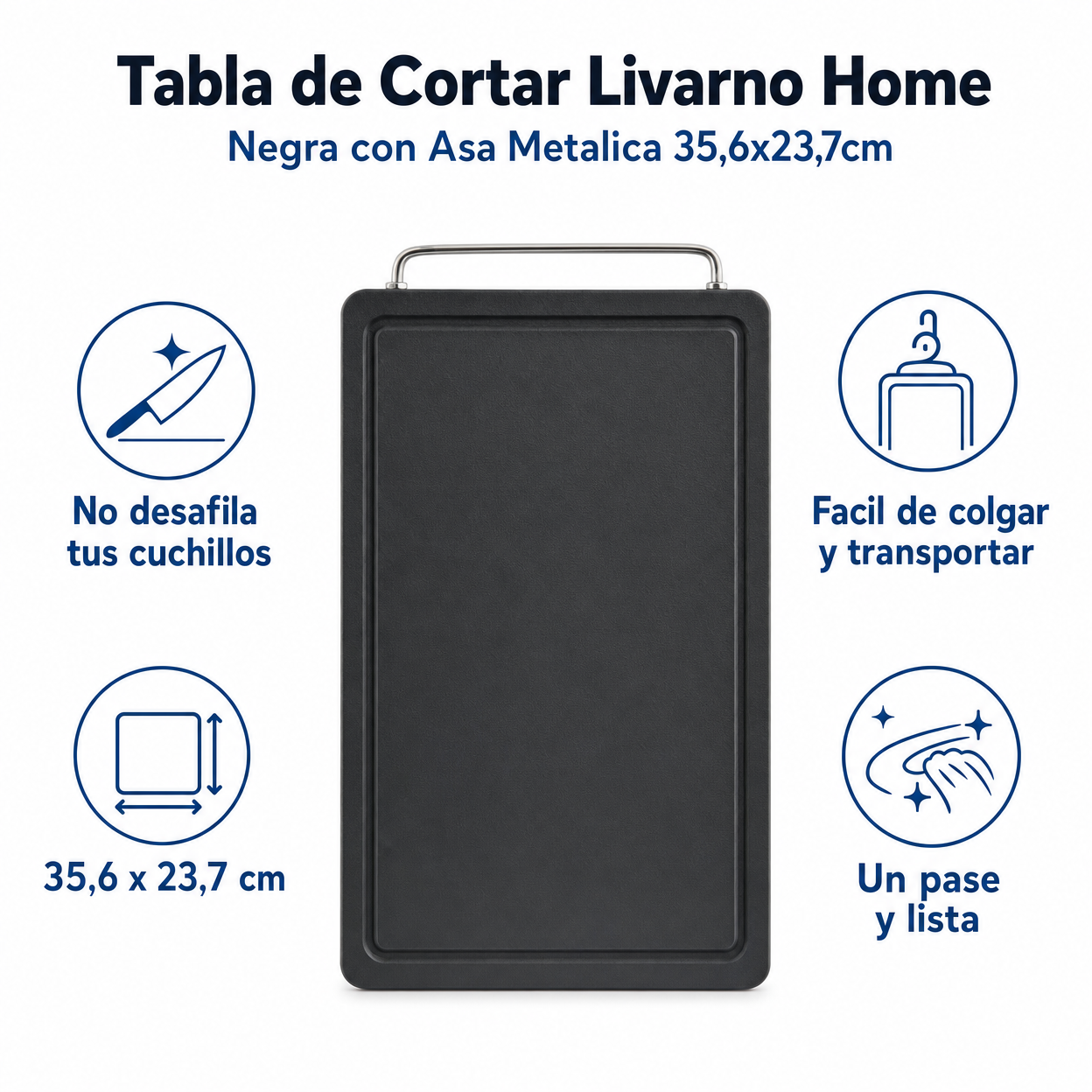 Tabla de Cortar Livarno Home - Negra con Asa Metalica 35,6x23,7cm