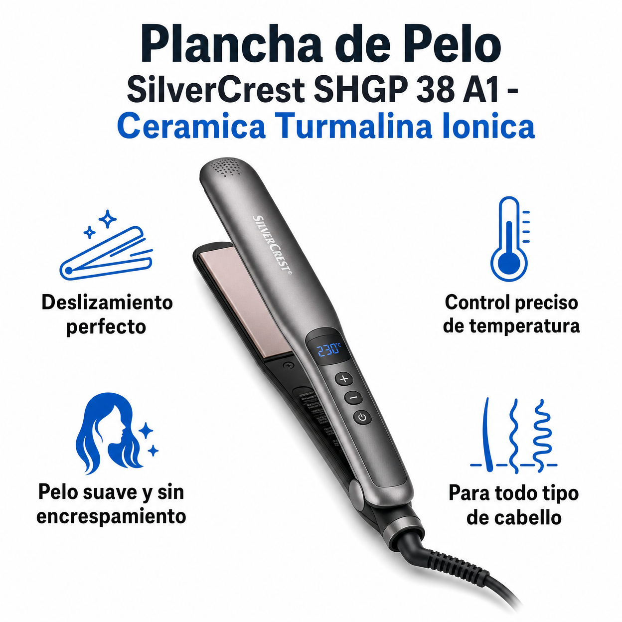 Plancha de Pelo SilverCrest SHGP 38 A1 - Ceramica Turmalina Ionica