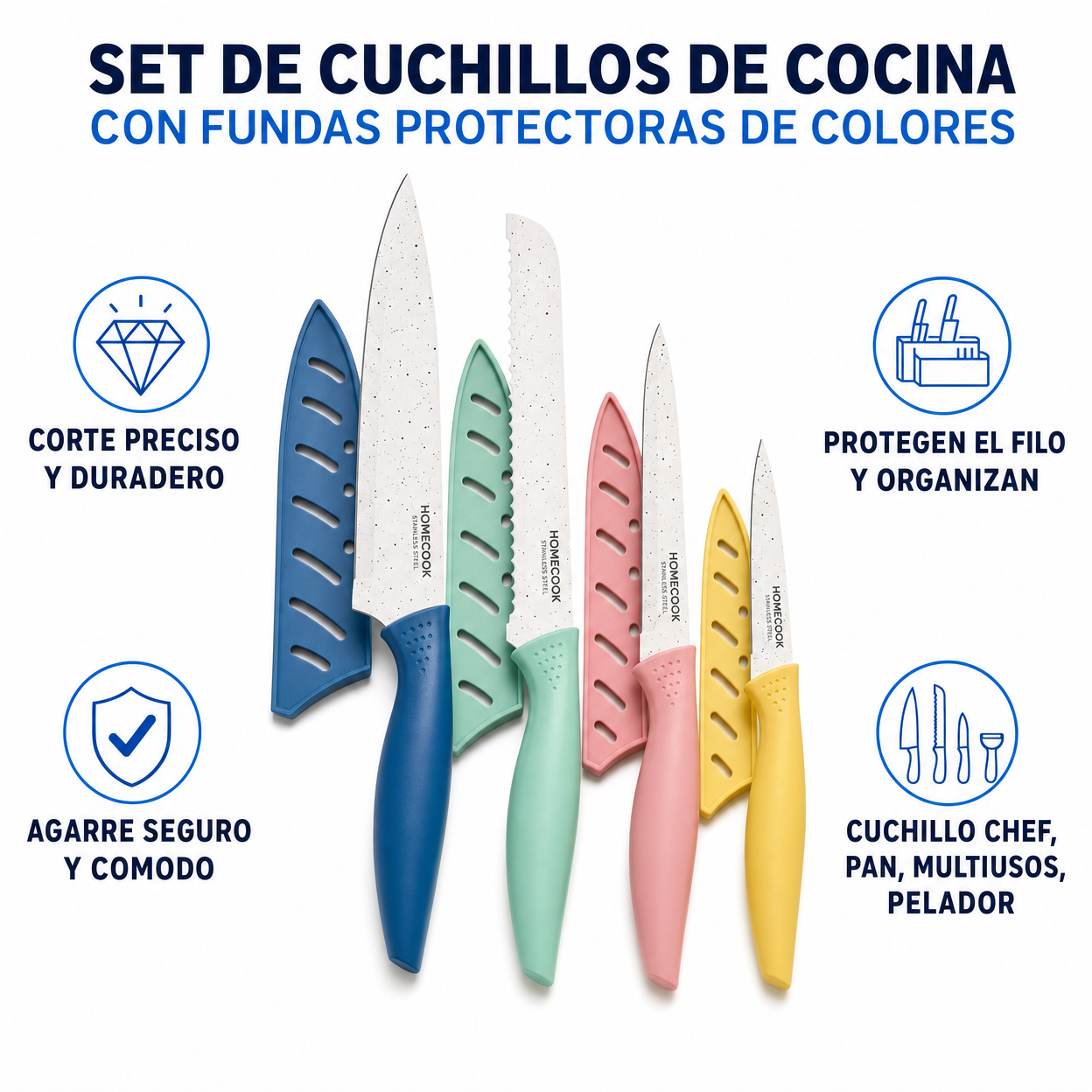 Set de Cuchillos de Cocina con Fundas Protectoras de Colores