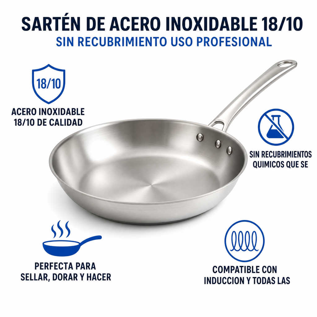 Sartén de Acero Inoxidable 18/10 - Sin Recubrimiento Uso Profesional