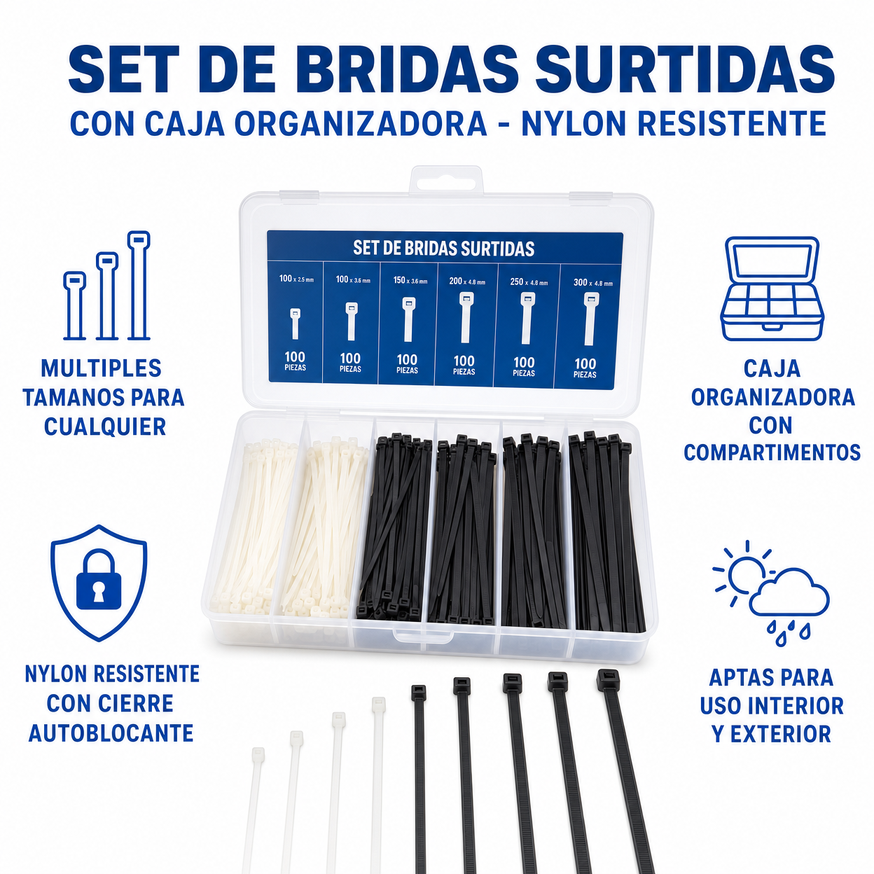 Set de Bridas Surtidas con Caja Organizadora - Nylon Resistente