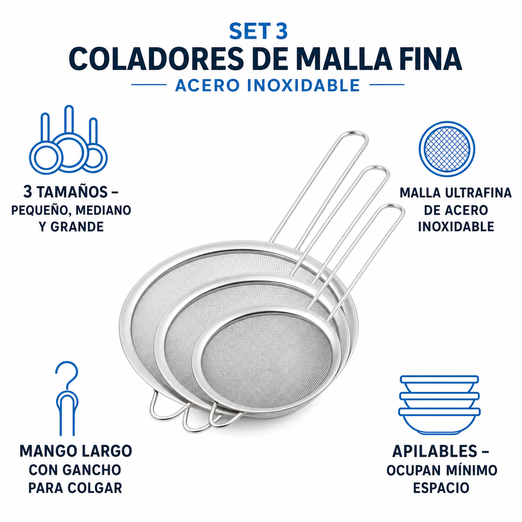 Set 3 Coladores de Malla Fina - Acero Inoxidable