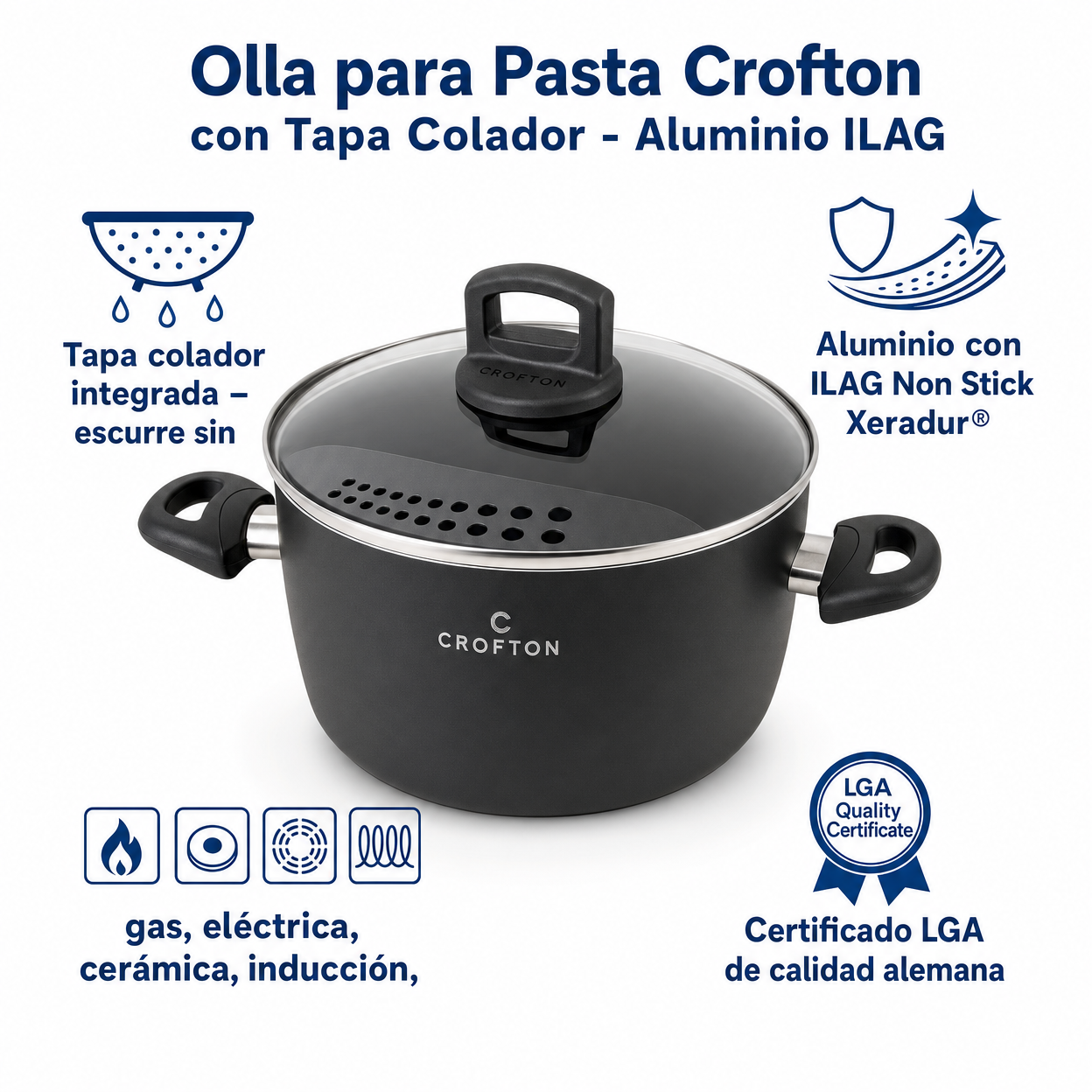 Olla para Pasta Crofton con Tapa Colador - Aluminio ILAG