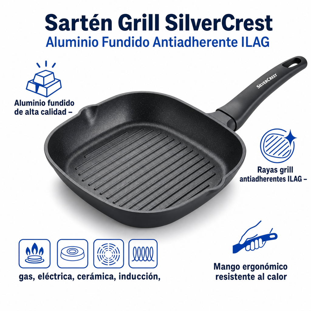 Sartén Grill SilverCrest - Aluminio Fundido Antiadherente ILAG