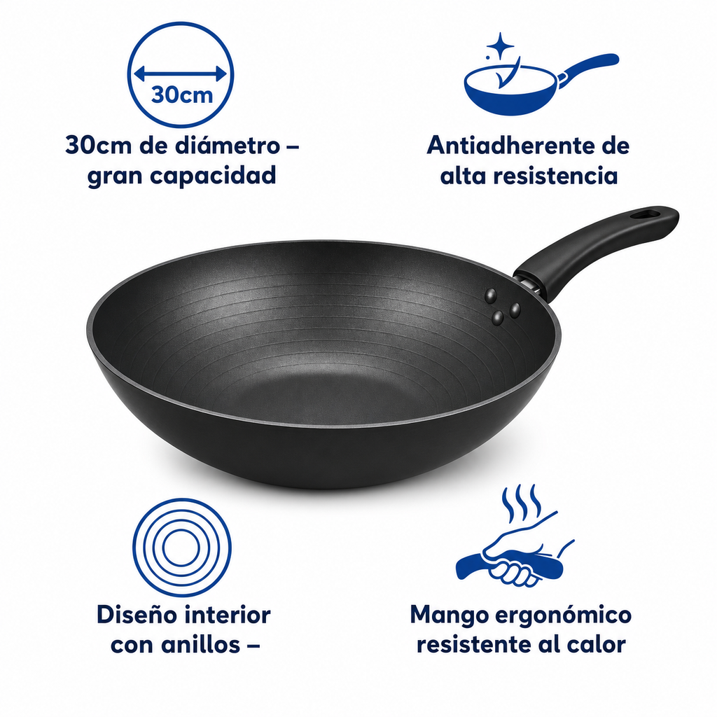 Wok Antiadherente 30cm - Gran Capacidad Compatible Inducción