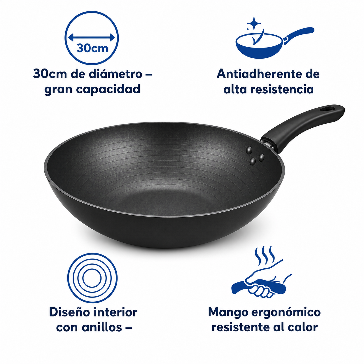 Wok Antiadherente 30cm - Gran Capacidad Compatible Inducción