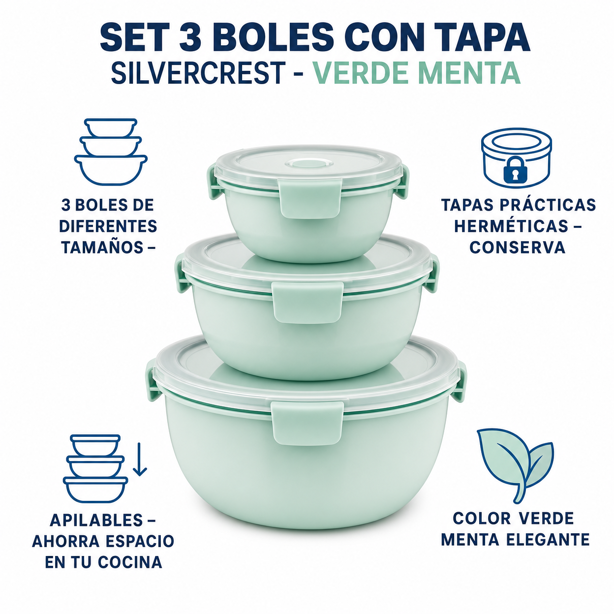 Set 3 Boles con Tapa SilverCrest - Verde Menta