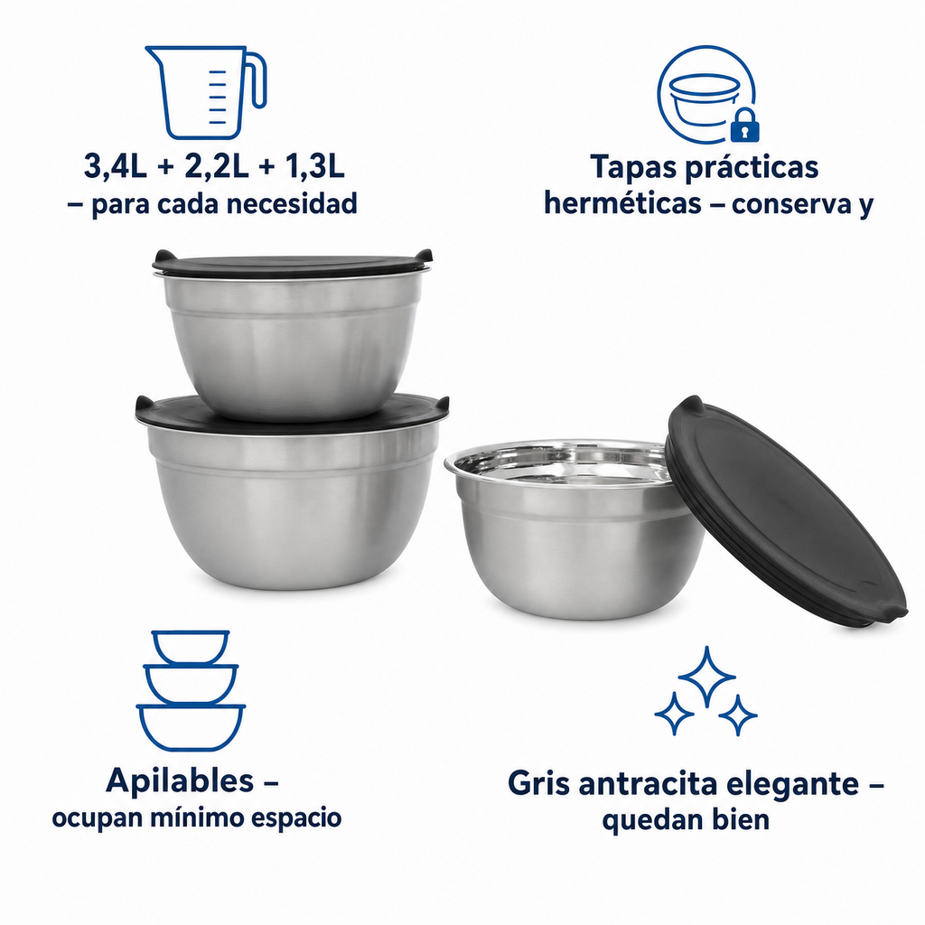 Set 3 Boles con Tapa SilverCrest - Gris Antracita (3,4L + 2,2L + 1,3L)