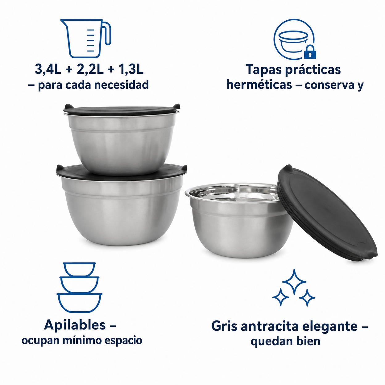Set 3 Boles con Tapa SilverCrest - Gris Antracita (3,4L + 2,2L + 1,3L)