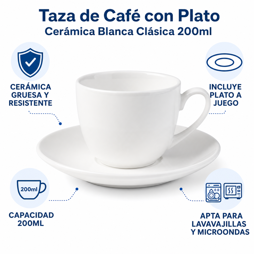 Taza de Café con Plato Cerámica Blanca Clásica 200ml