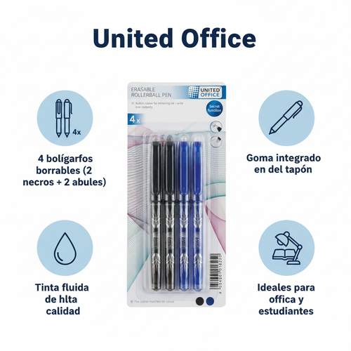 Bolígrafos Roller Borrables United Office Pack 4 uds