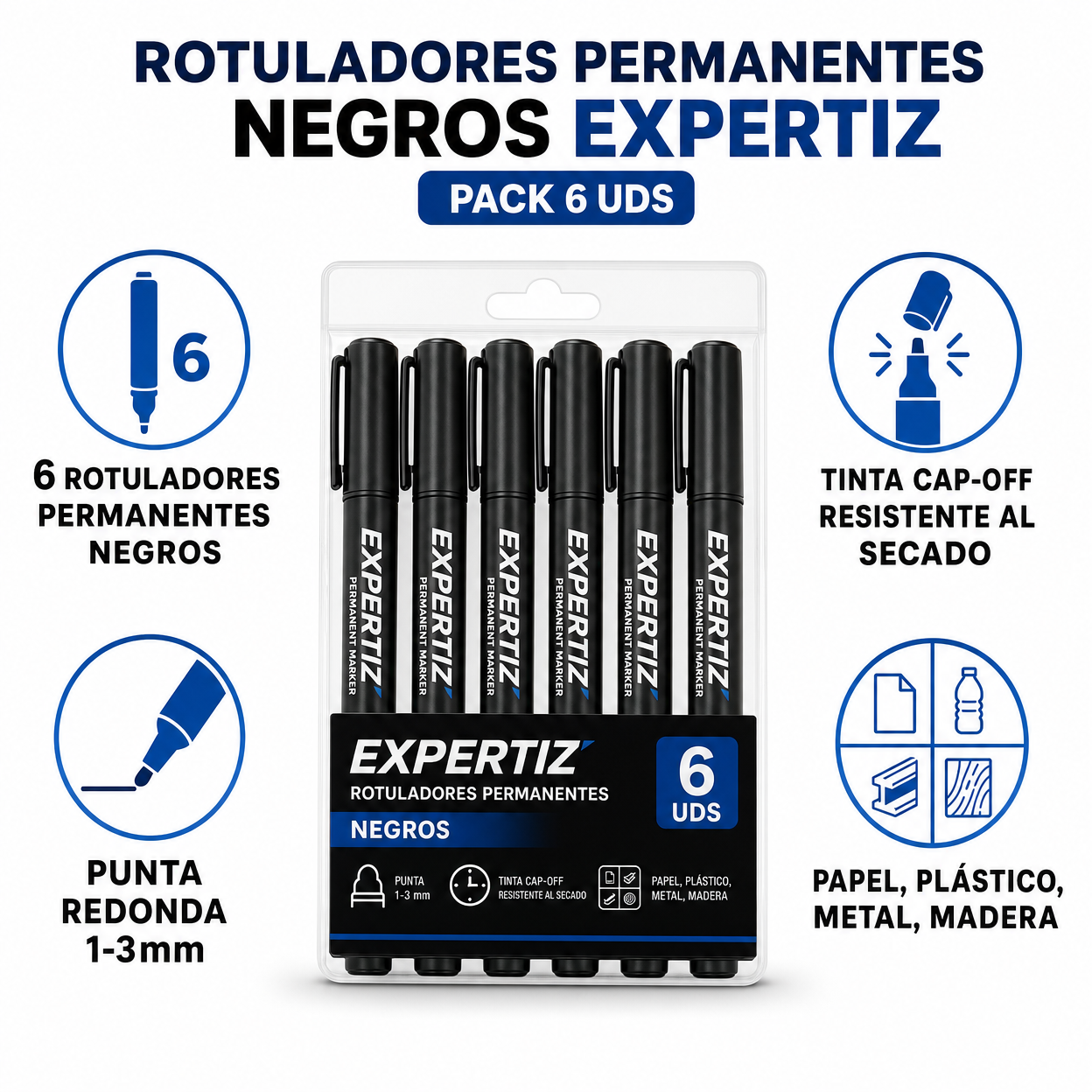 Rotuladores Permanentes Negros Expertiz Pack 6 uds