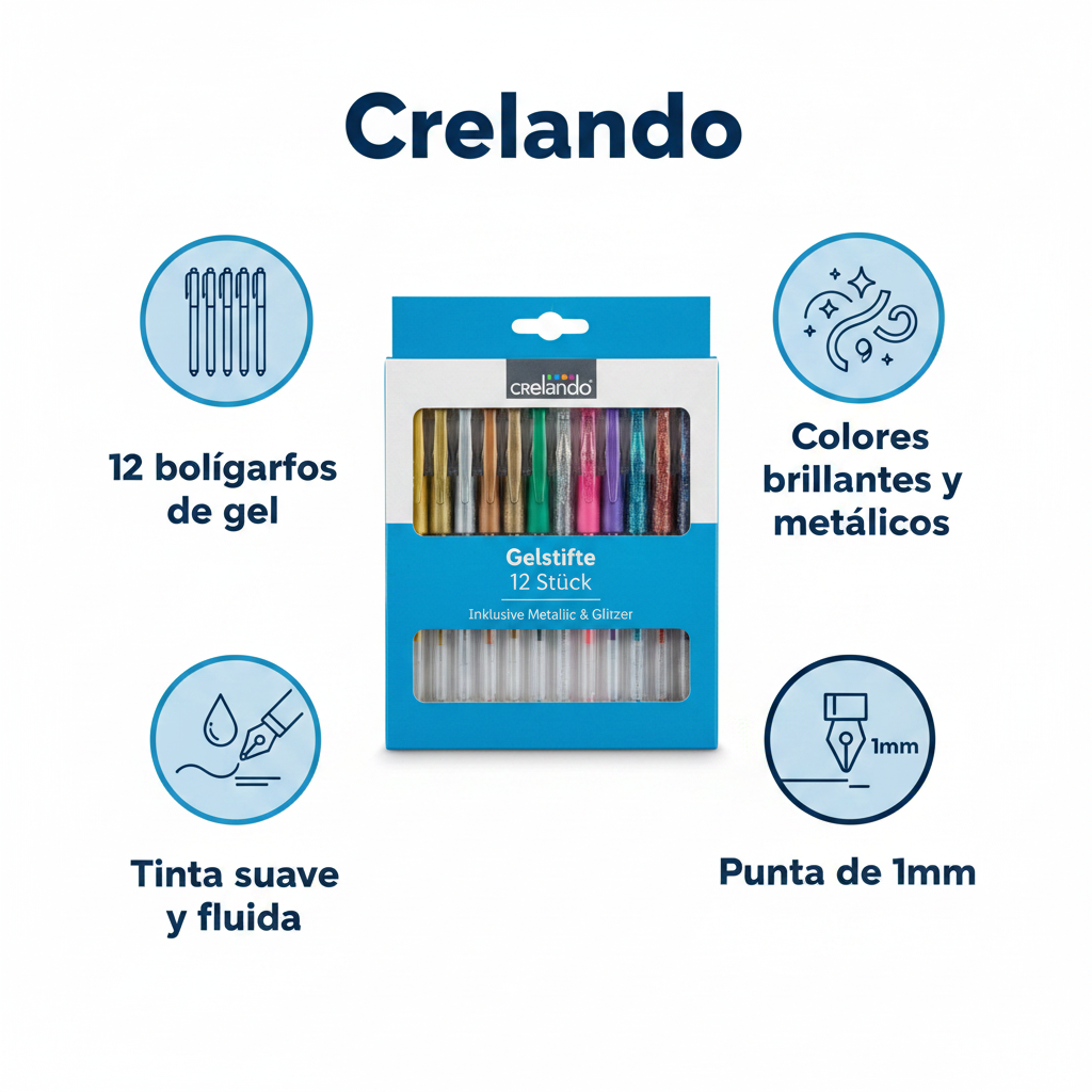 Bolígrafos de Gel Crelando 12 Colores Metálicos y Glitter