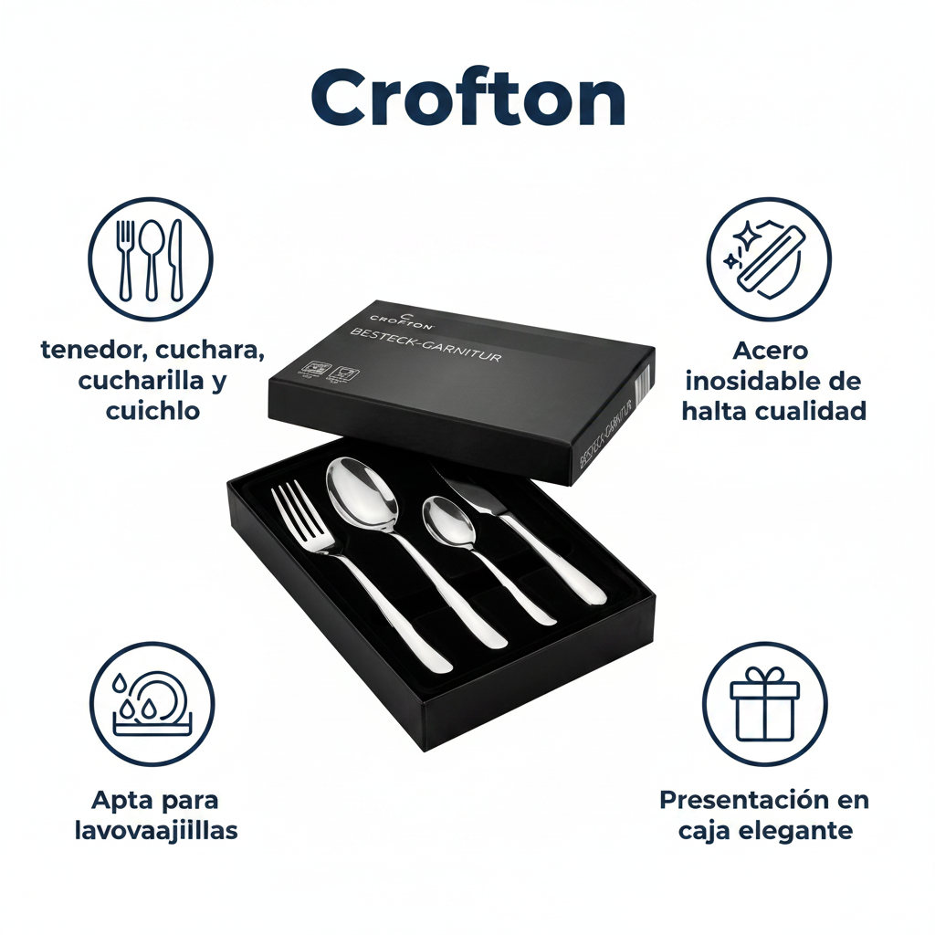 Cubertería Crofton Acero Inoxidable — Tenedor, Cuchara, Cucharilla y Cuchillo