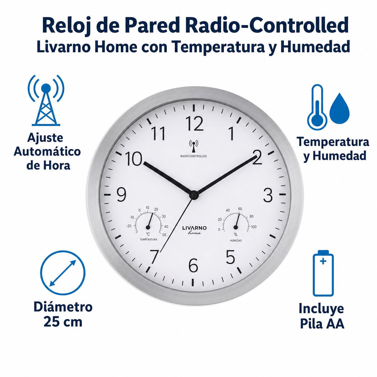 Reloj de Pared Radio-Controlled Livarno Home con Temperatura y Humedad