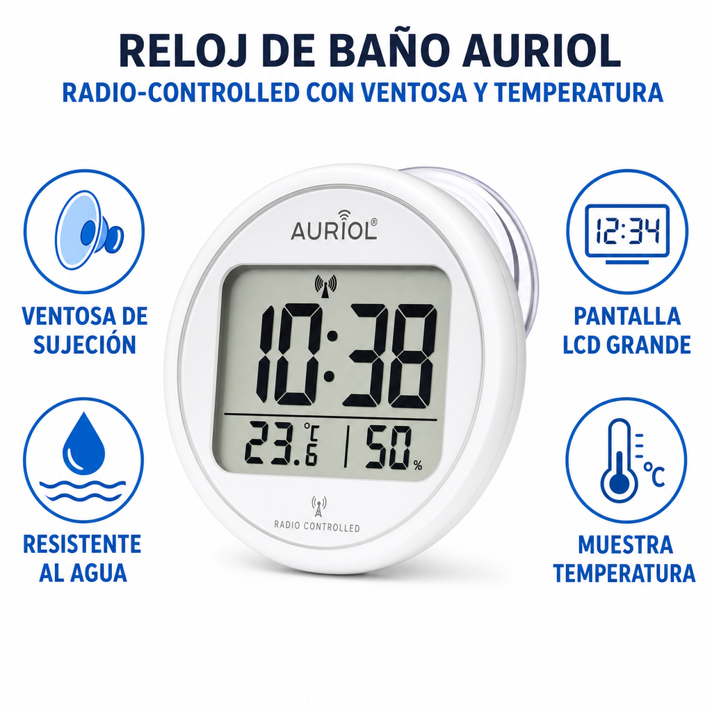 Reloj de Baño Auriol Radio-Controlled con Ventosa y Temperatura