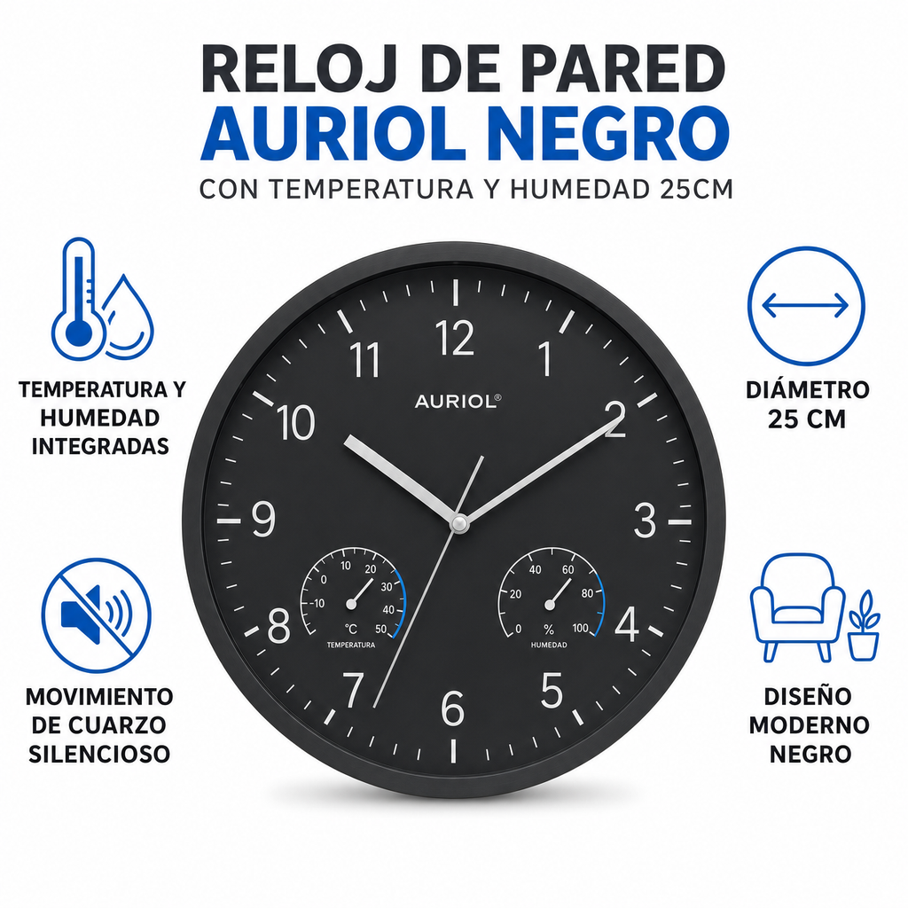 Reloj de Pared Auriol Negro con Temperatura y Humedad 25cm