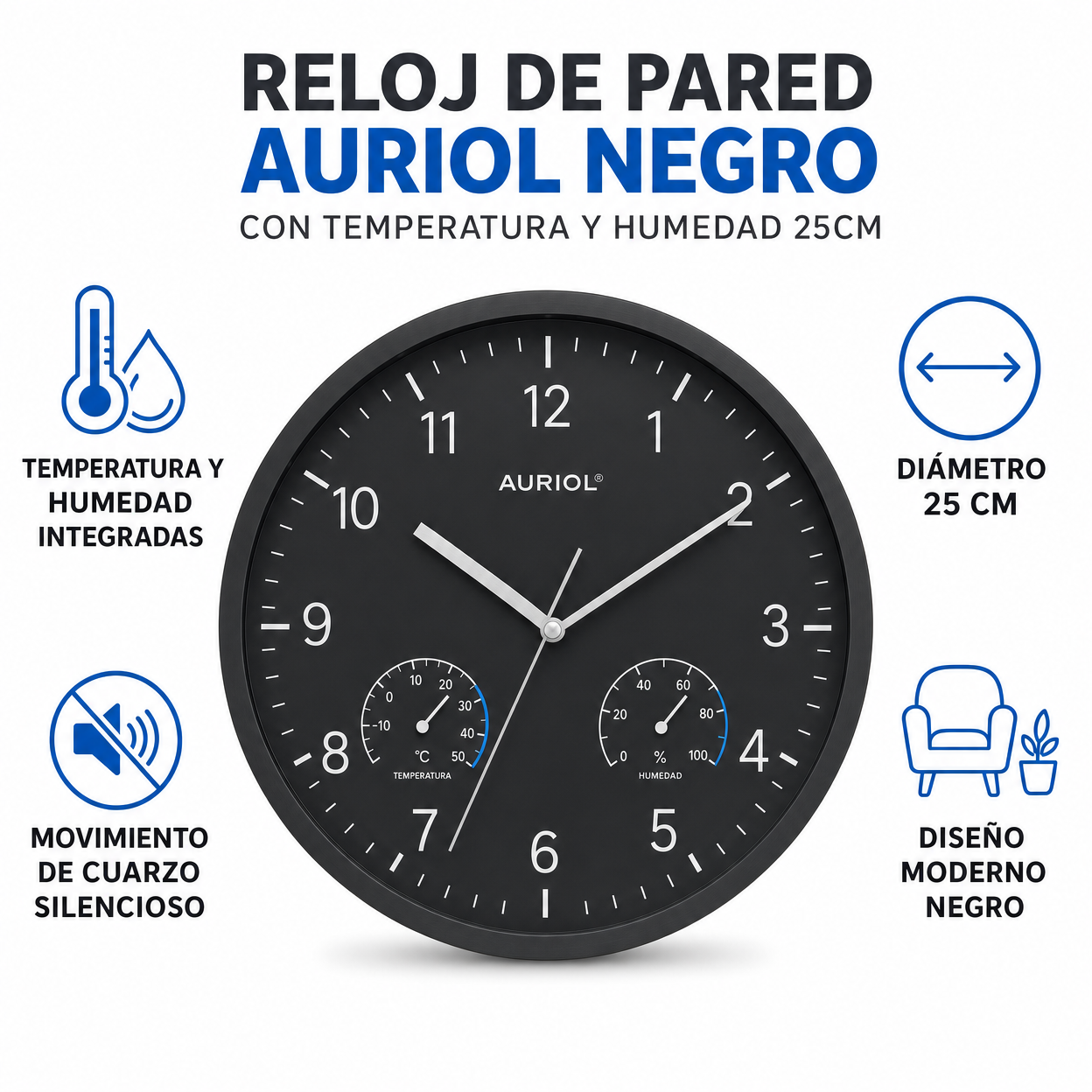 Reloj de Pared Auriol Negro con Temperatura y Humedad 25cm