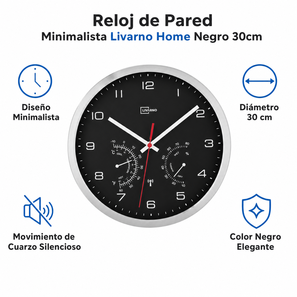 Reloj de Pared Minimalista Livarno Home Negro 30cm