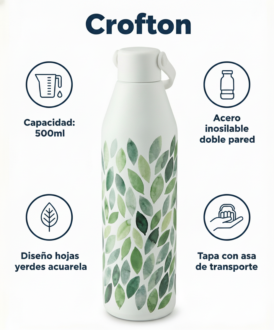 Botella Térmica Crofton Diseño Hojas Verdes 500ml