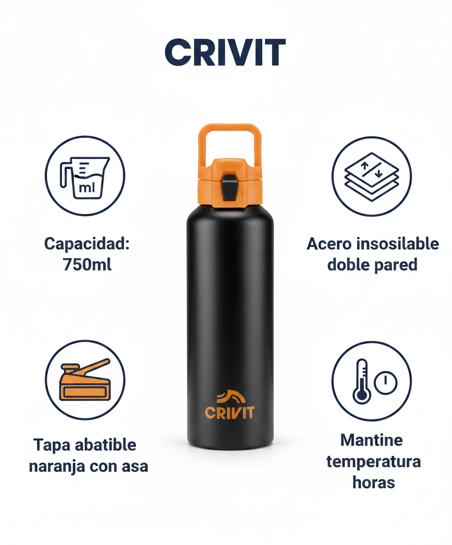 Botella Térmica Deportiva Crivit Negra 750ml