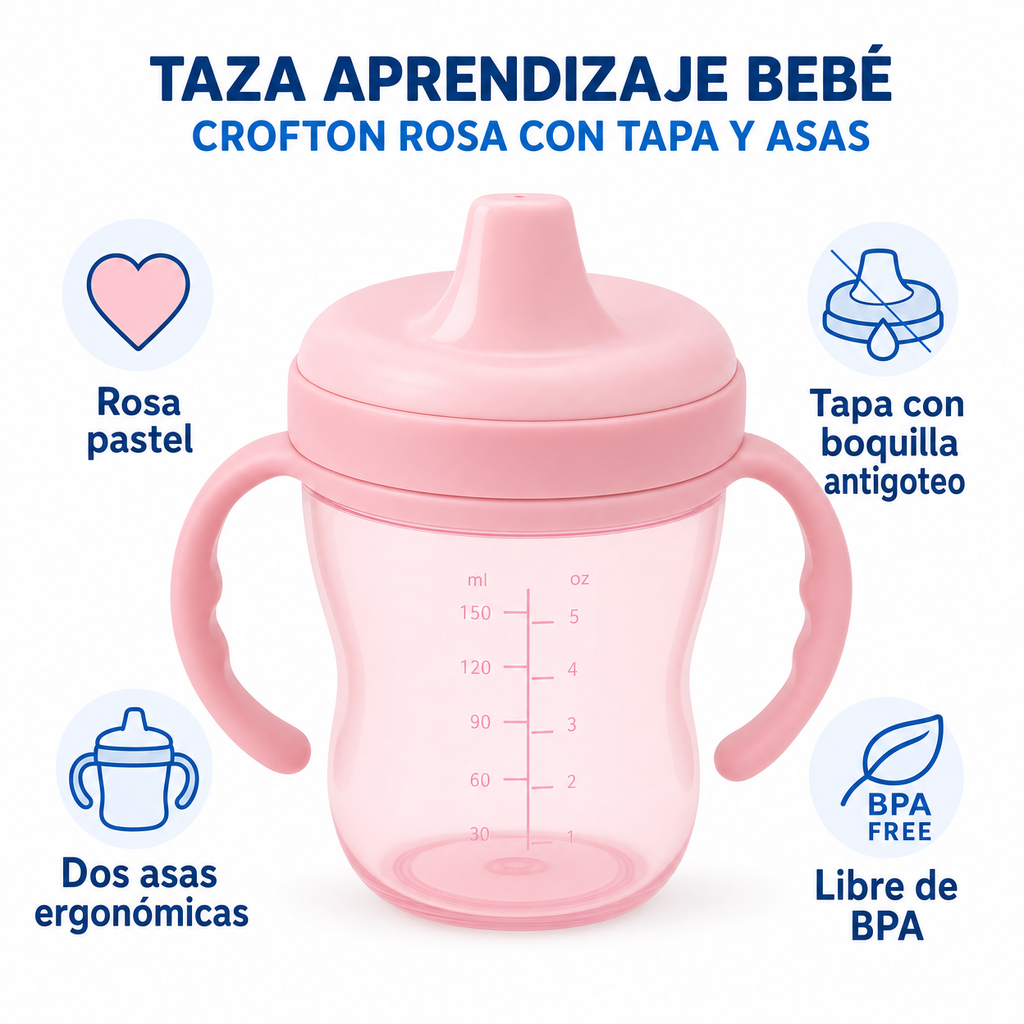 Taza Aprendizaje Bebé Crofton Rosa con Tapa y Asas