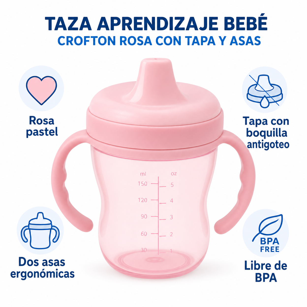 Taza Aprendizaje Bebé Crofton Rosa con Tapa y Asas