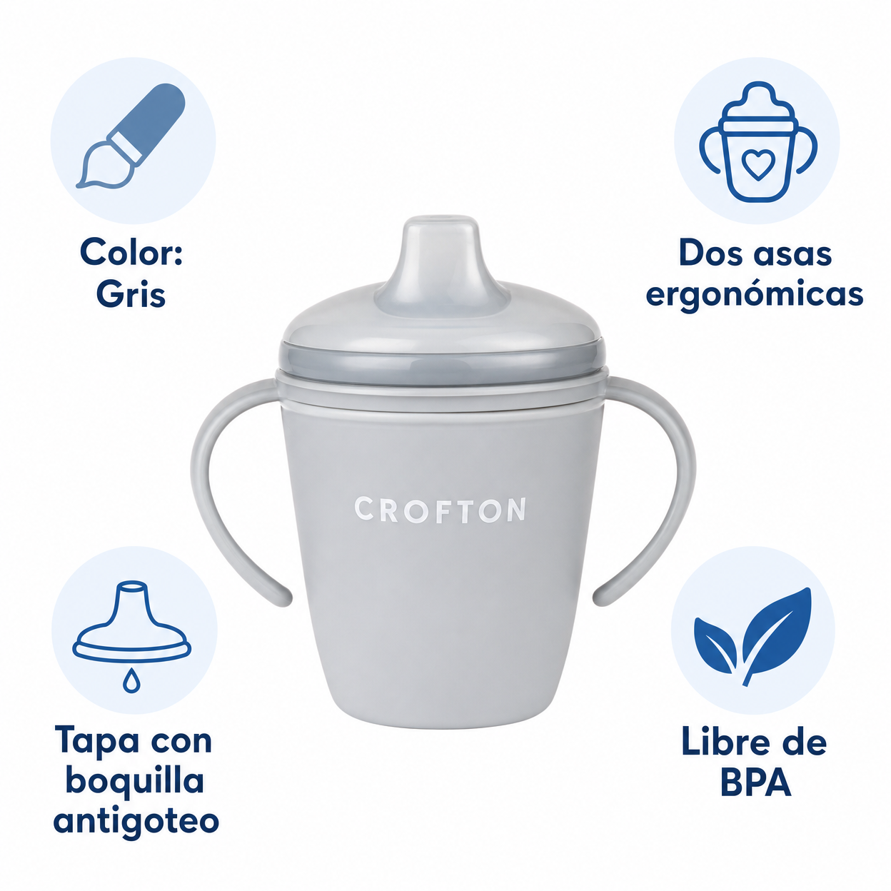 Taza Aprendizaje Bebé Crofton Gris con Tapa y Asas