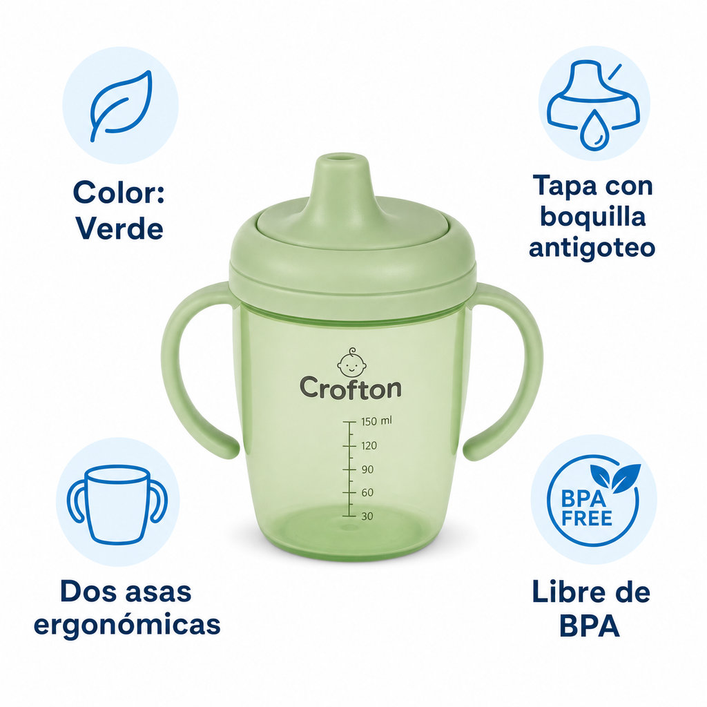 Taza Aprendizaje Bebé Crofton Verde con Tapa y Asas