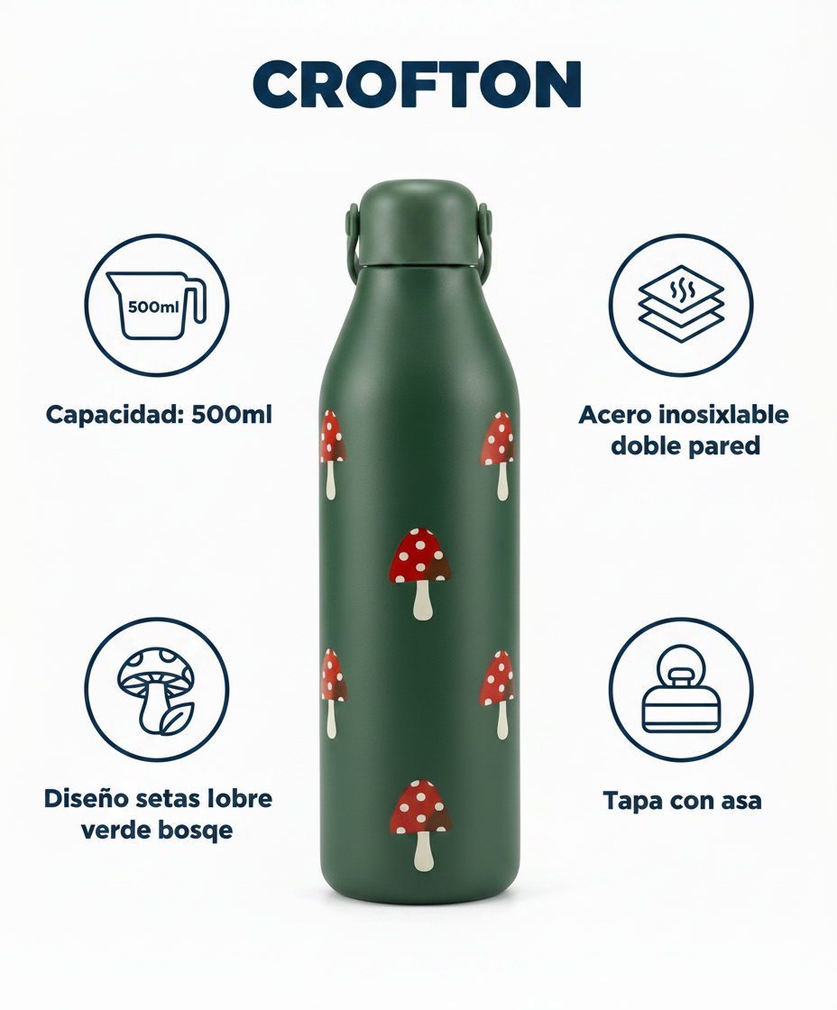 Botella Térmica Crofton Verde Estampado Setas 500ml