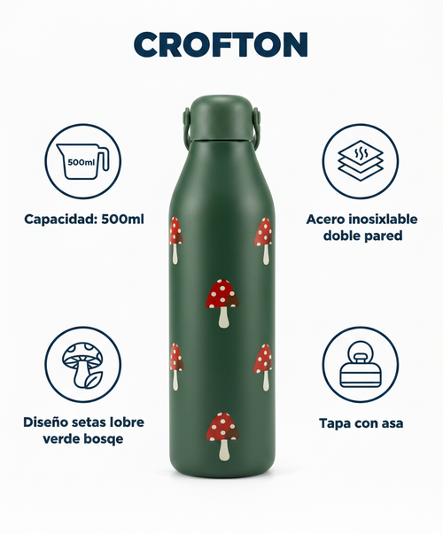 Botella Térmica Crofton Verde Estampado Setas 500ml