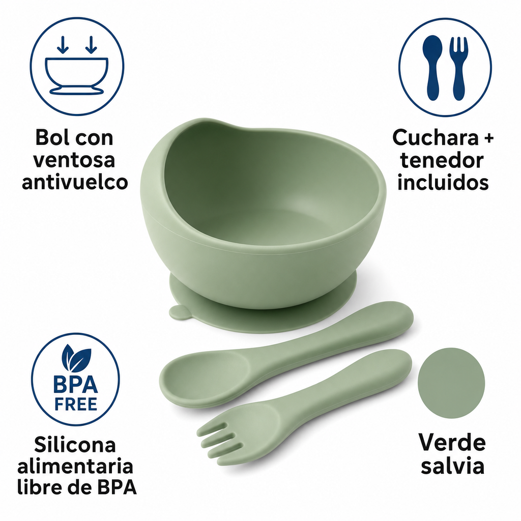 Set Bol Silicona con Ventosa + Cuchara y Tenedor Bebé Verde
