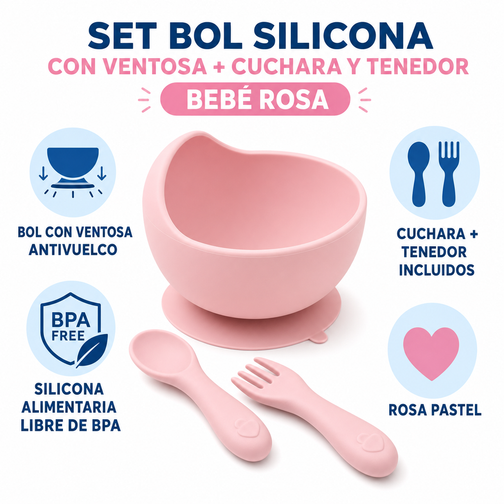 Set Bol Silicona con Ventosa + Cuchara y Tenedor Bebé Rosa