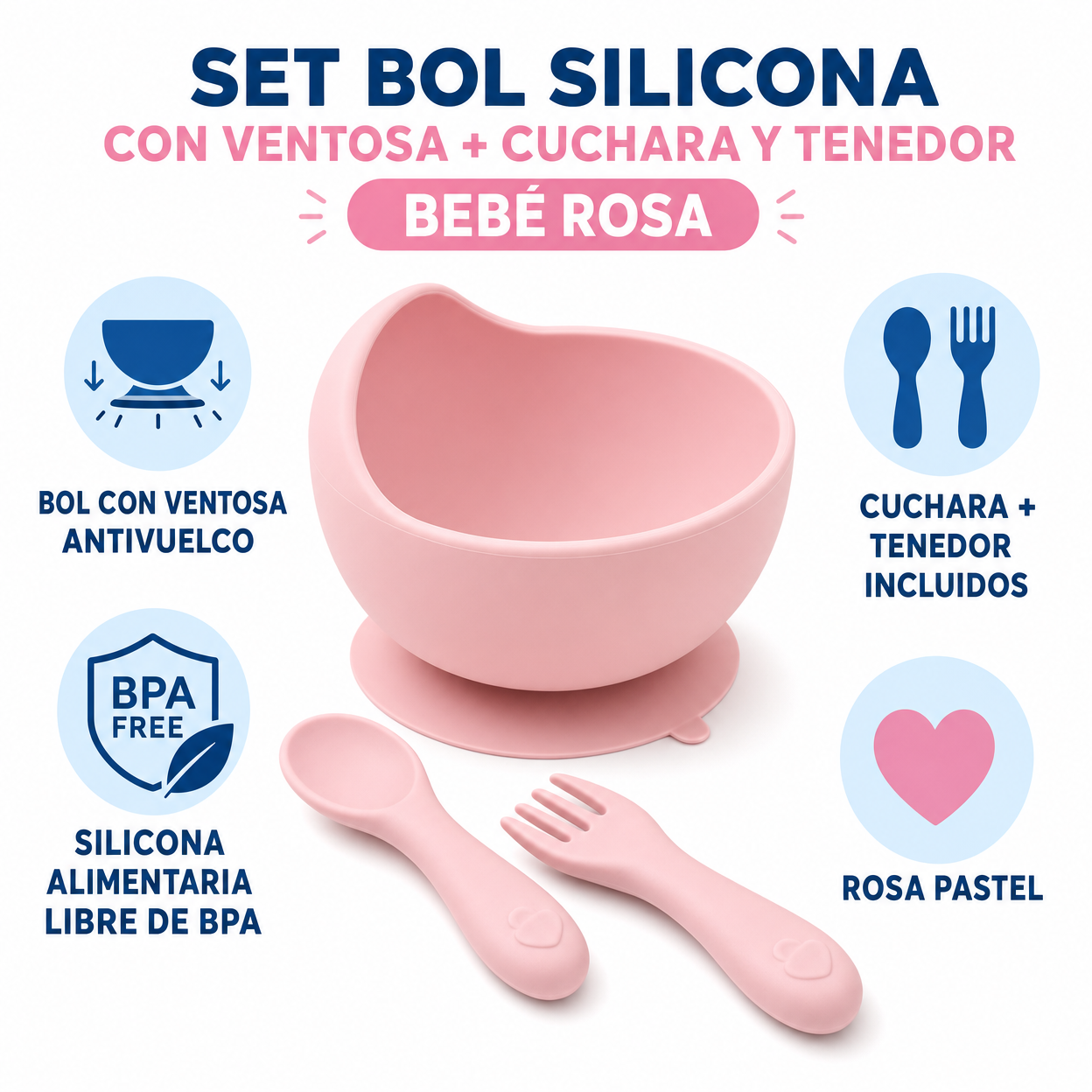 Set Bol Silicona con Ventosa + Cuchara y Tenedor Bebé Rosa