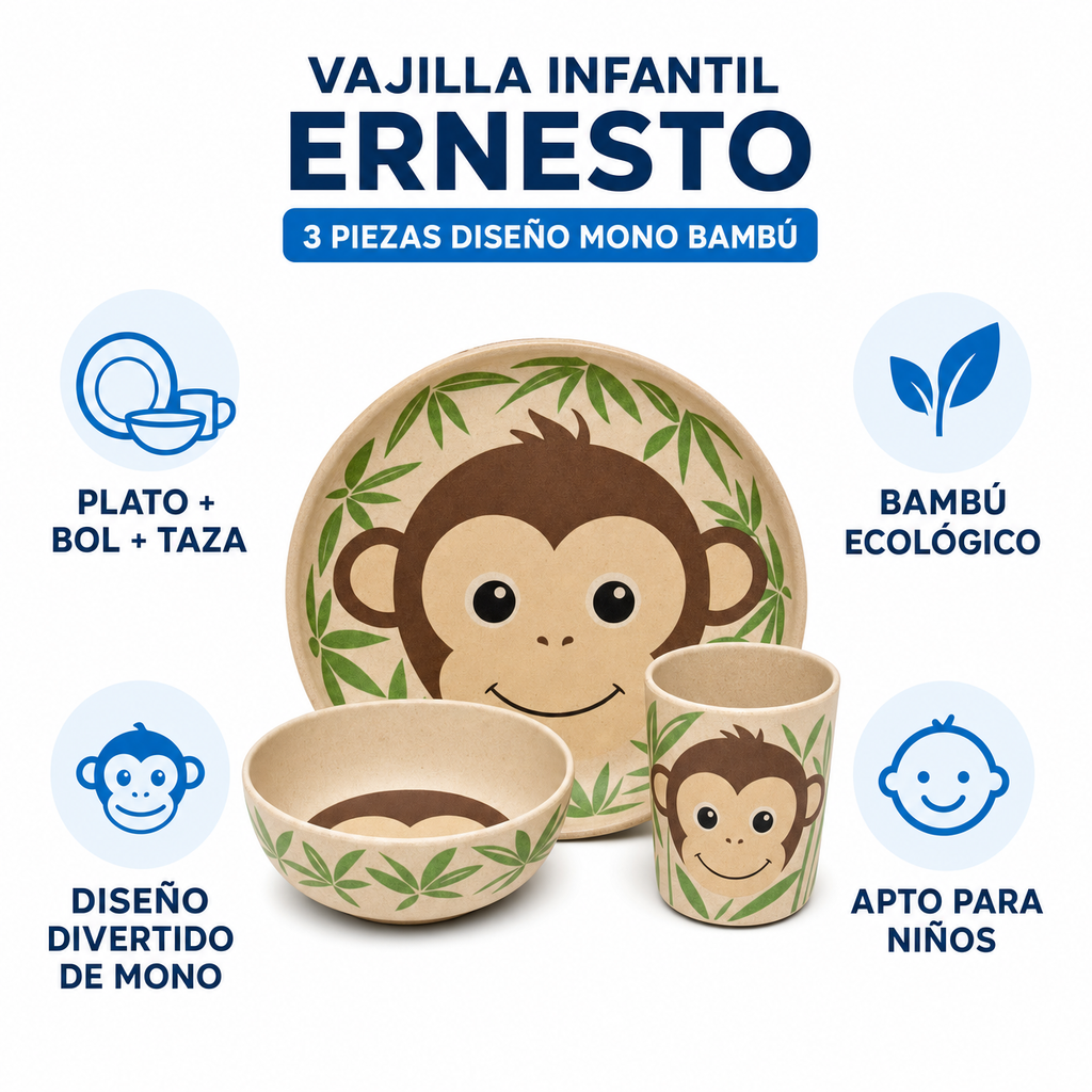Vajilla Infantil Ernesto 3 Piezas Diseño Mono Bambú