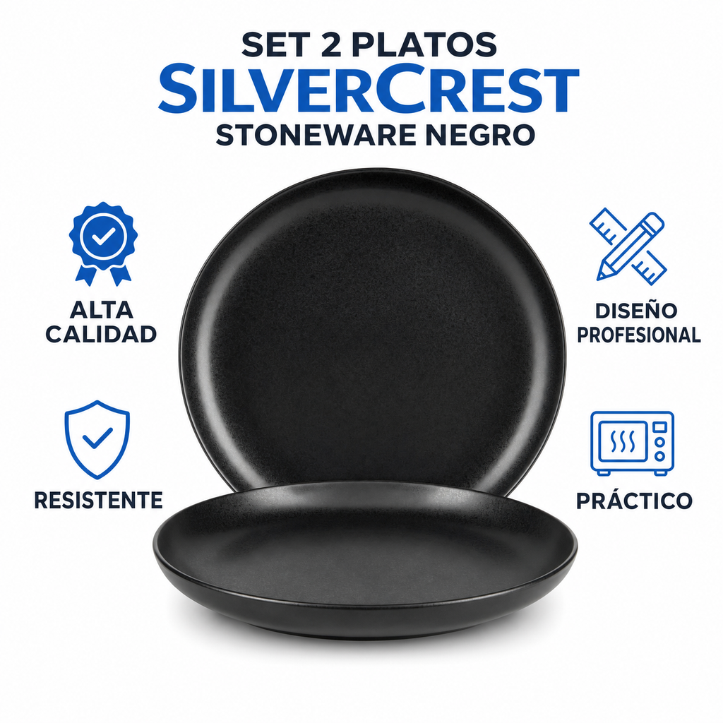 Set 2 Platos SilverCrest Stoneware Negro