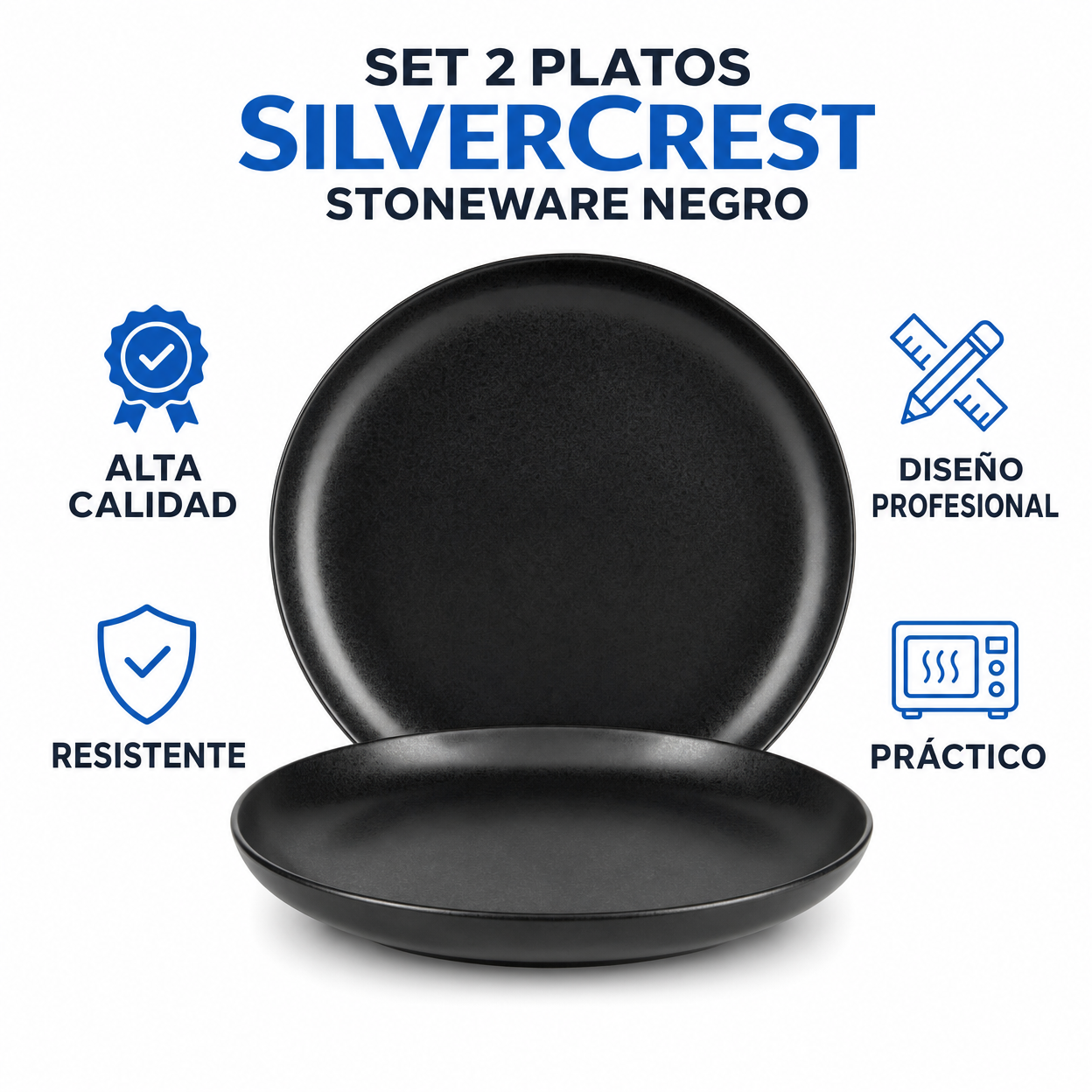 Set 2 Platos SilverCrest Stoneware Negro