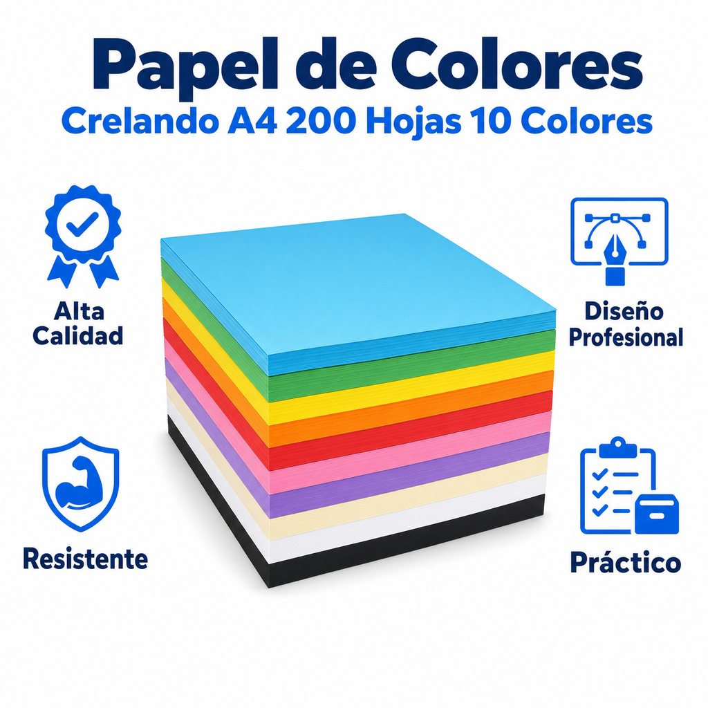 Papel de Colores Crelando A4 200 Hojas 10 Colores