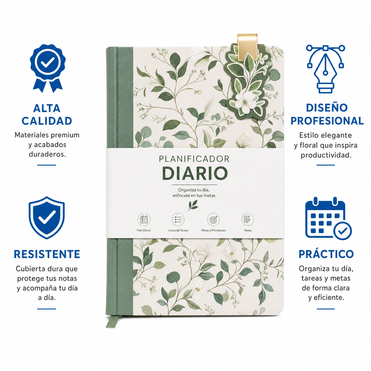 Planificador Diario con Clip Floral Verde