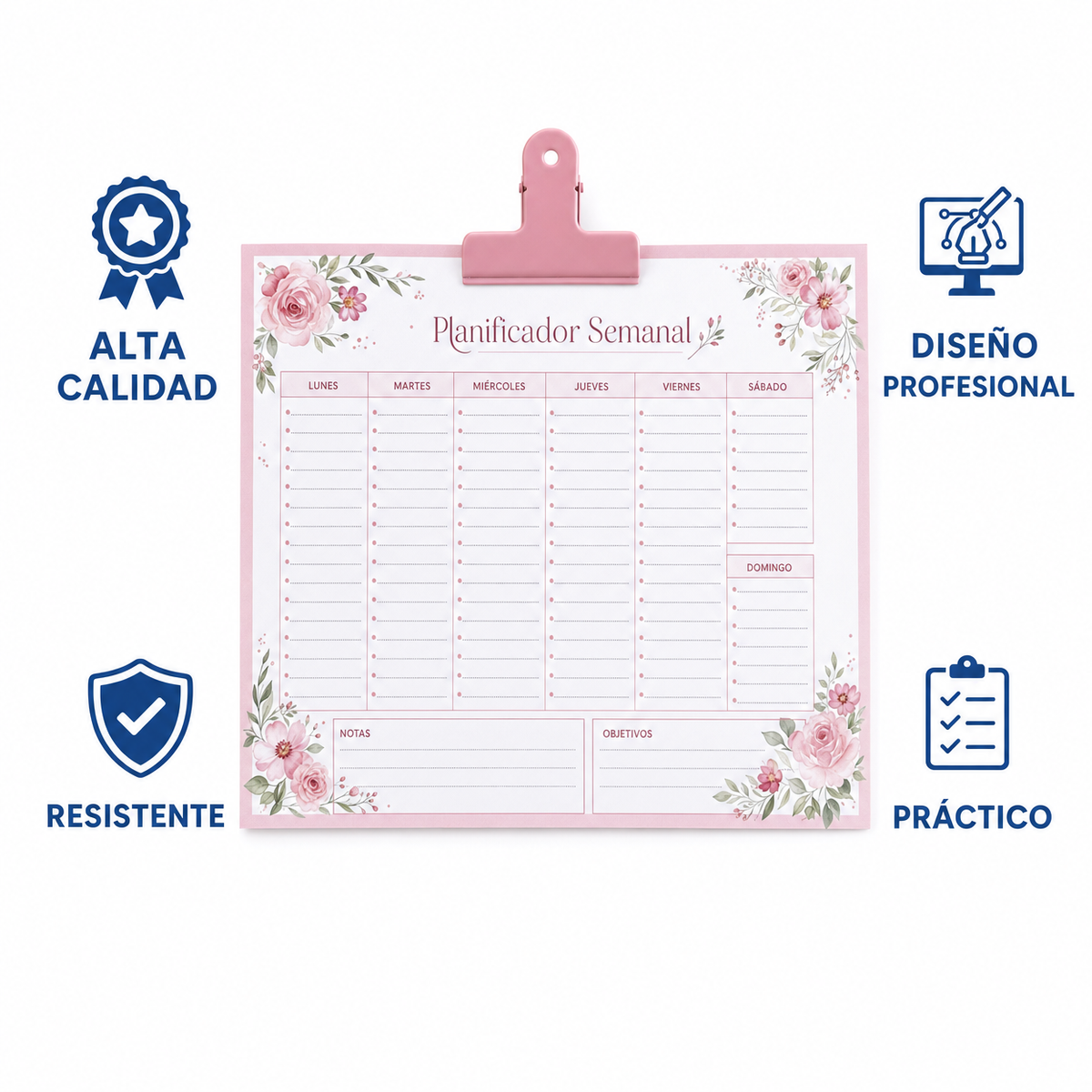 Planificador Semanal con Clip Rosa Floral