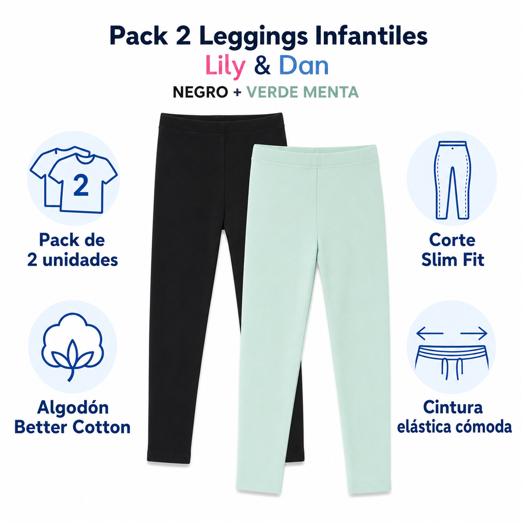 Pack 2 Leggings Infantiles Lily & Dan — Negro + Verde Menta