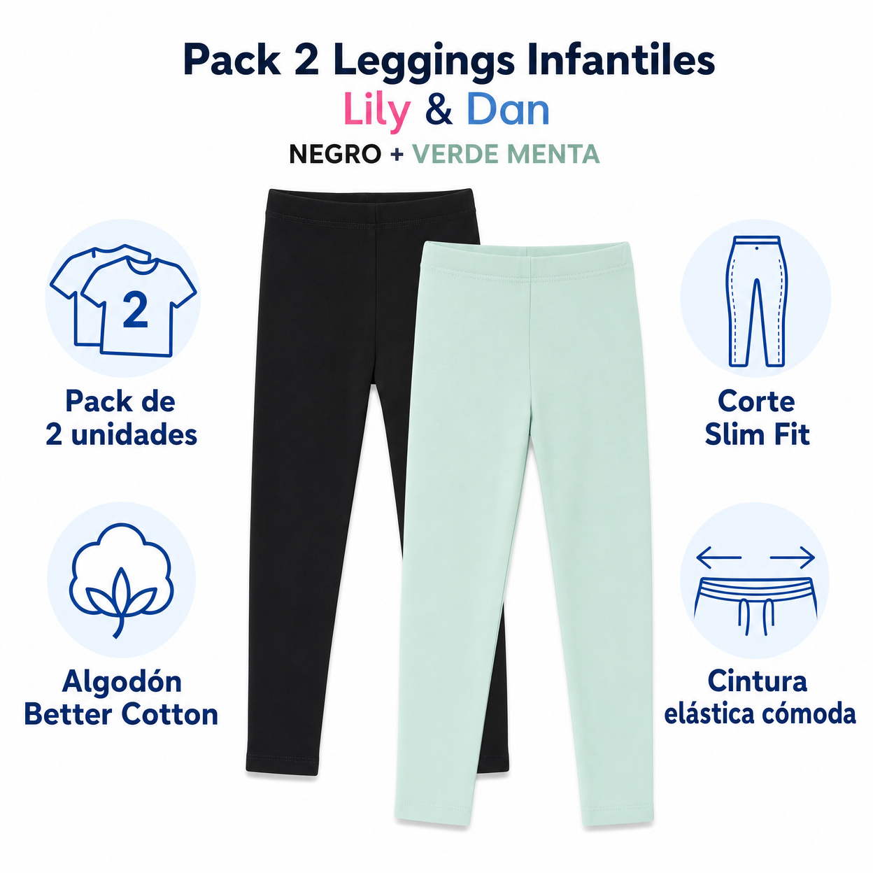 Pack 2 Leggings Infantiles Lily & Dan — Negro + Verde Menta