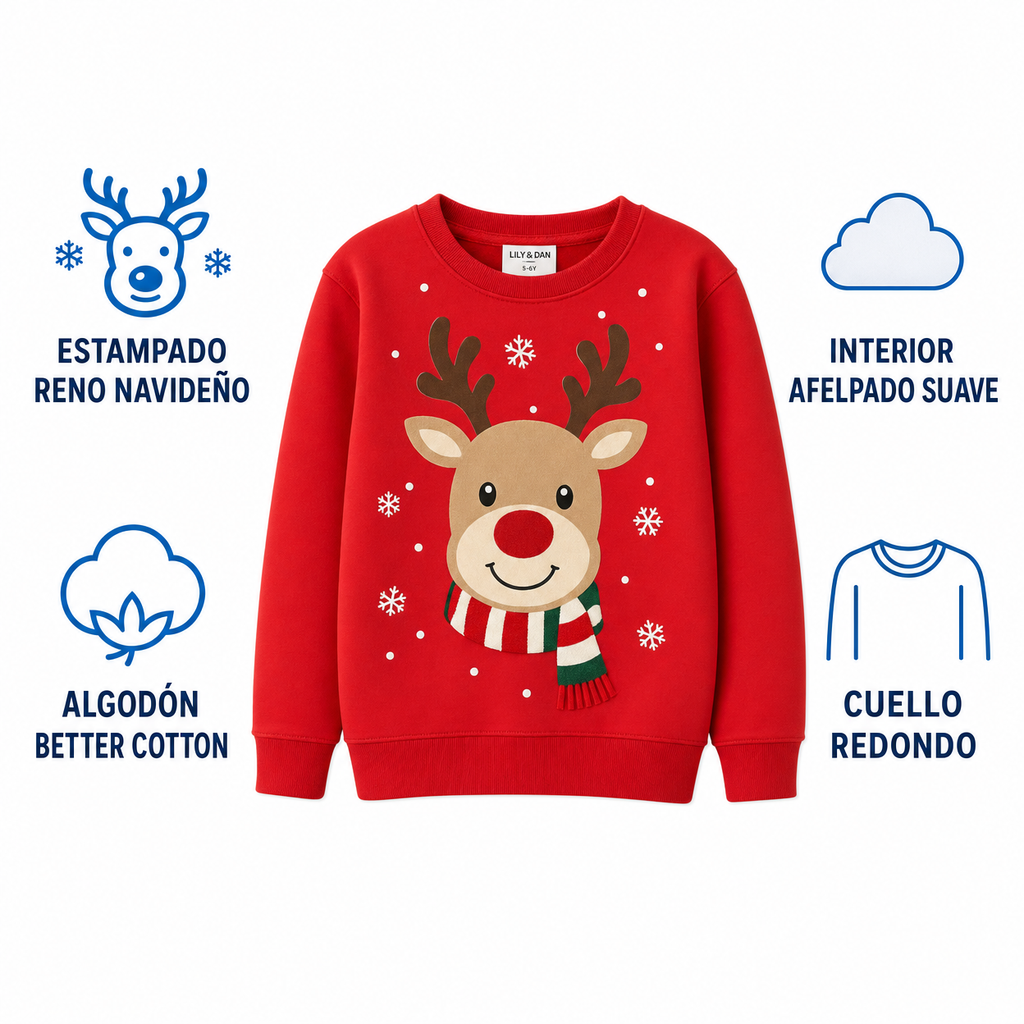 Sudadera Infantil Reno Navideño Lily & Dan — Roja